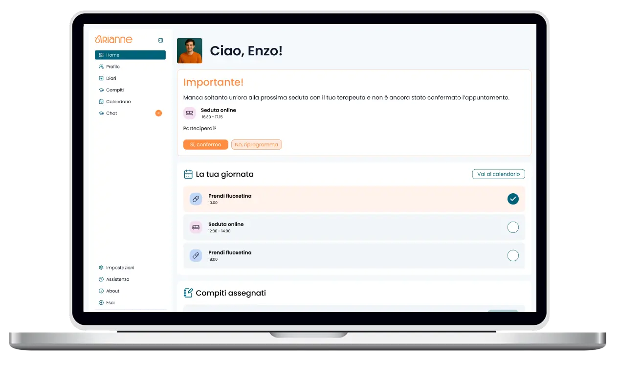 Arianne patient dashboard with an upcoming therapy session, daily care activities and assigned tasks