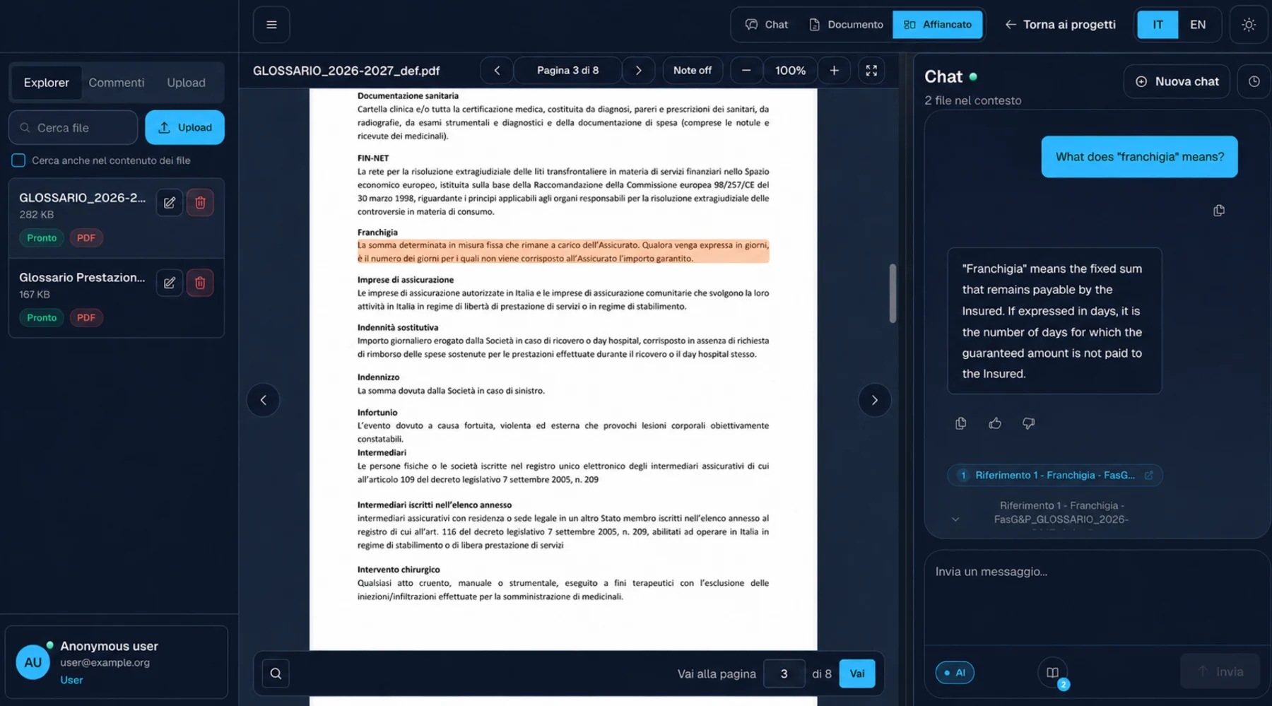 WhattaDocs workspace with a document open beside an answer and its cited source passage